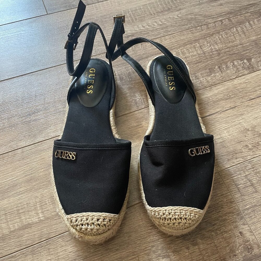 GUESS Espadrilles, Women's size 7, worn 1x, black upper with gold Guess logo